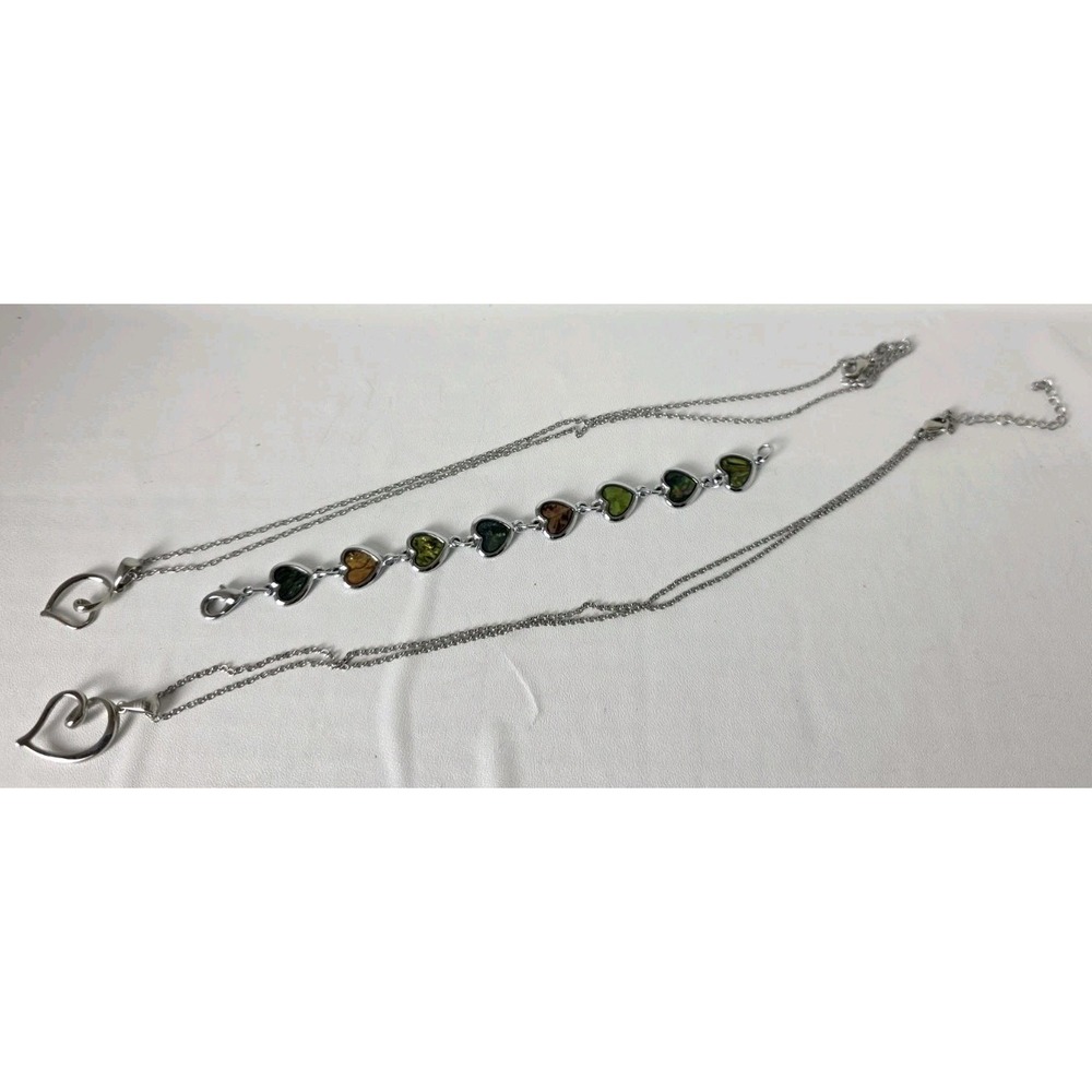 Silver Tone Heart Jewelry Set 2 Necklaces and Multi Color Heart Link Bracelet